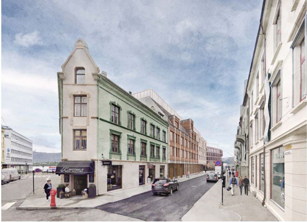 Fra Kipervikgata. Nordlig fasade – midtre bygg. Stein i svak rosafarge (ill.: VerkStad Arkitektur og Plot Arkitekter)