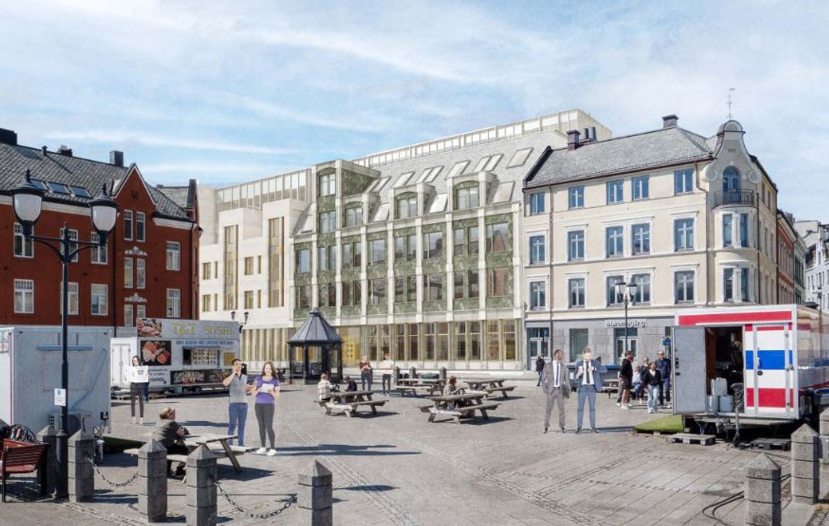 Fra Kiperviktorget. Sørlig fasade – midtre bygg. Stein i grønnfarge. (ill: VerkStad Arkitektur og Plot Arkitekter)