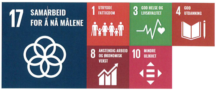 Viser seks av FN sine bærekraftsmål. Vi ser nummer 17, 1, 3, 4, 8 og 10.