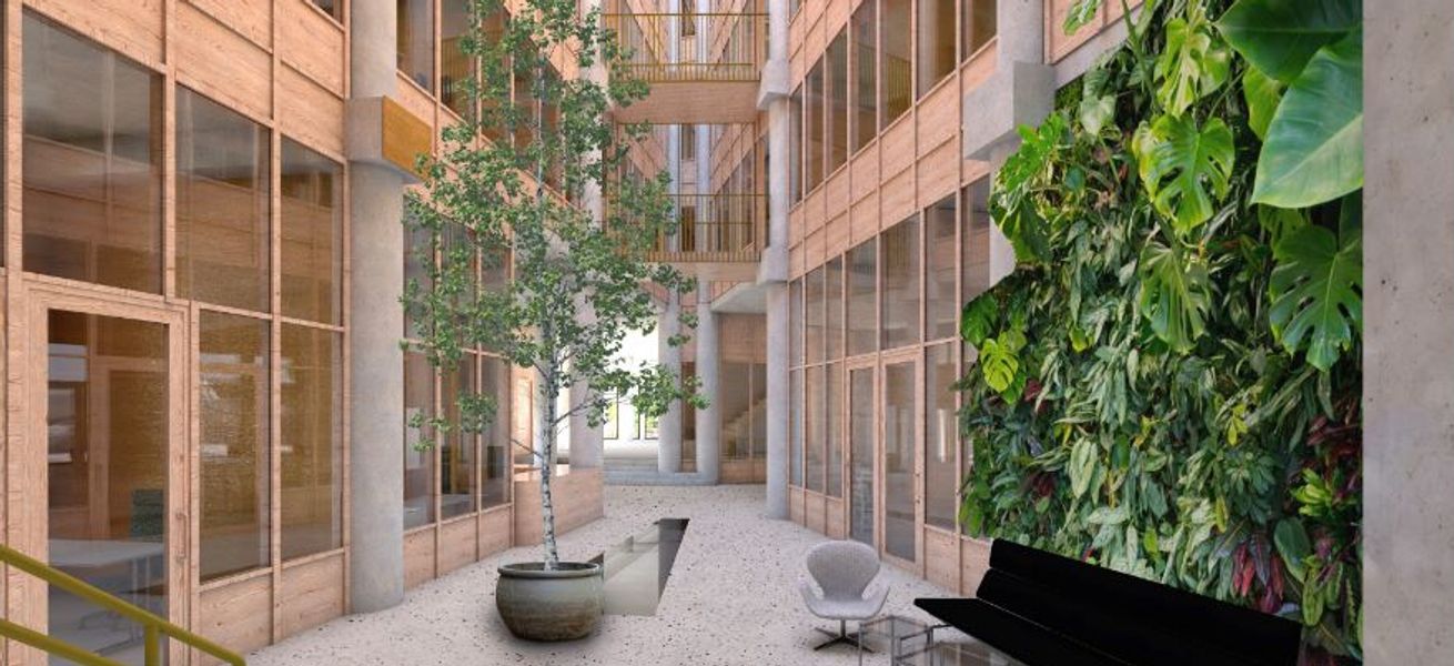 Illustrasjon som viser et venteareal med mye glassfasader og lysinnslipp.