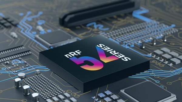 Bilde som viser datakort med linjer og koplinger. Tekst på bildet: NRF 54 Series,