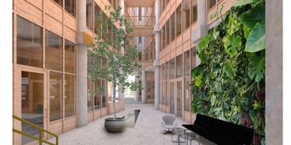 Illustrasjon som viser et venteareal med mye glassfasader og lysinnslipp. 