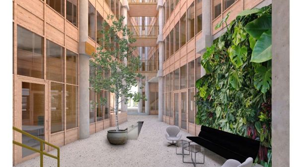 Illustrasjon som viser et venteareal med mye glassfasader og lysinnslipp. 