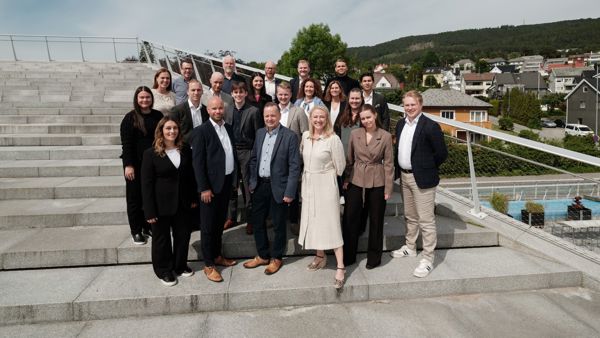 Bildet viser alle ansatte i Møremegling i en solfylt trapp, som smiler. 