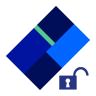Ikon med kort og en åpen hengelås ved siden av i ulike blåtoner med et grønt dekorelement på kortet